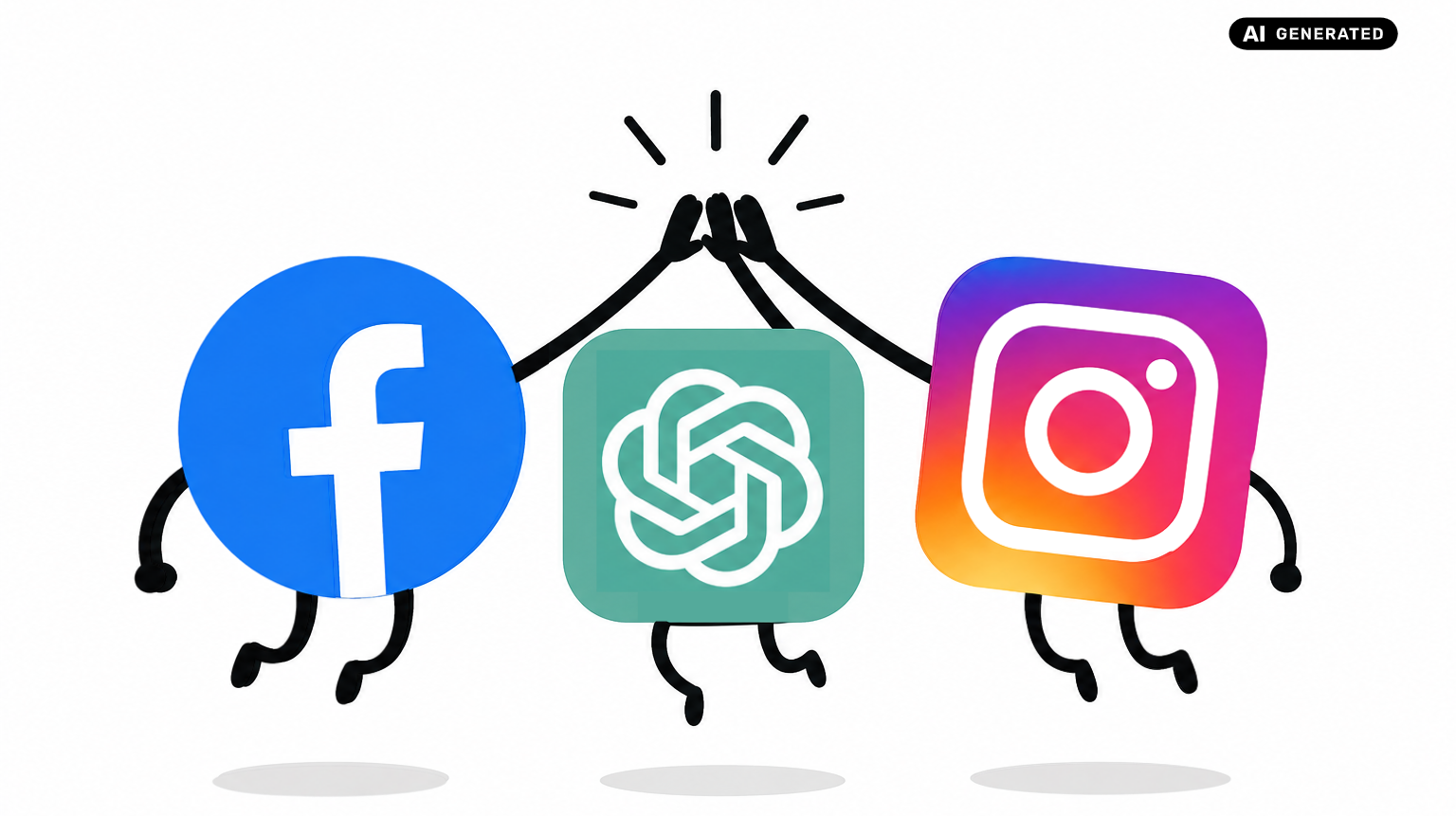 Logo von Facebook, ChatGPT und Instagram geben sich ein High Five.