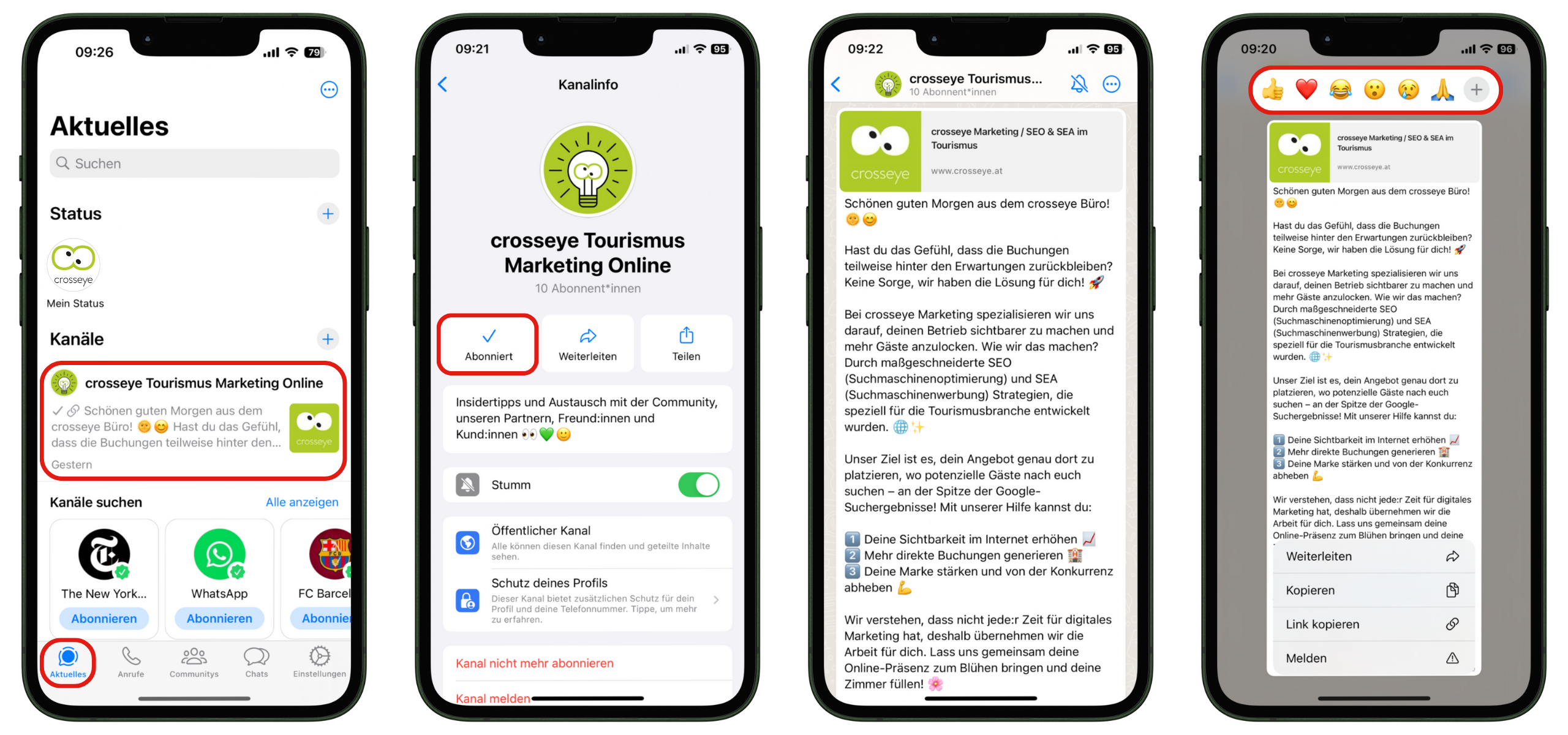 Überischt eines WhatsApp Channels von crosseye Marketing